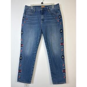 Driftwood Gizelle Aztec Embroidered Jeans Cropped Southwestern Boho Denim 32